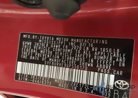 2016 Toyota Corolla S from USA, damaged, VIN 5YFBURHE9GP550170